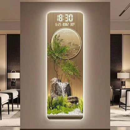Perpetual Calendar Pendant Clock wall light with a gold-toned ribbed panel, digital display, round clock, and leafy landscape feature