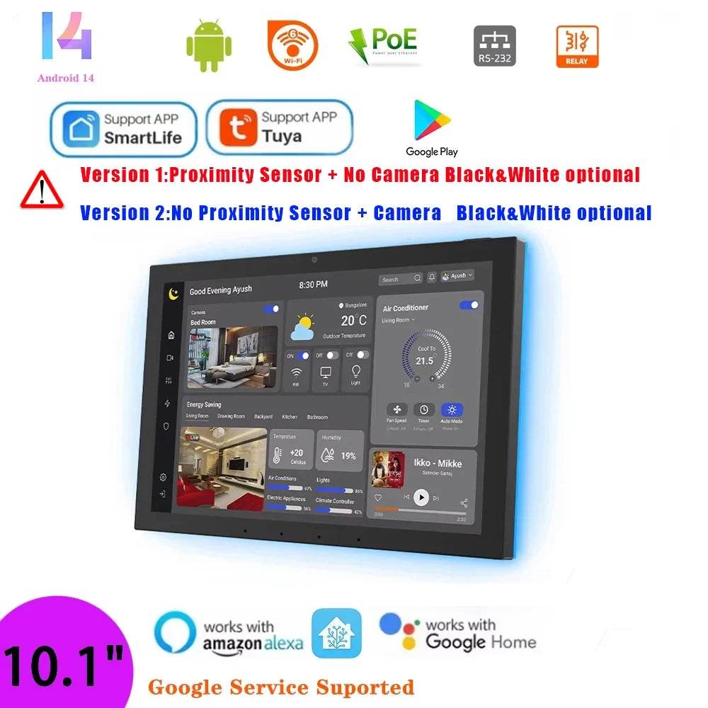 Proximity Sensing Android POE Tablet with a black rectangular touchscreen display and slim wall-mount design.