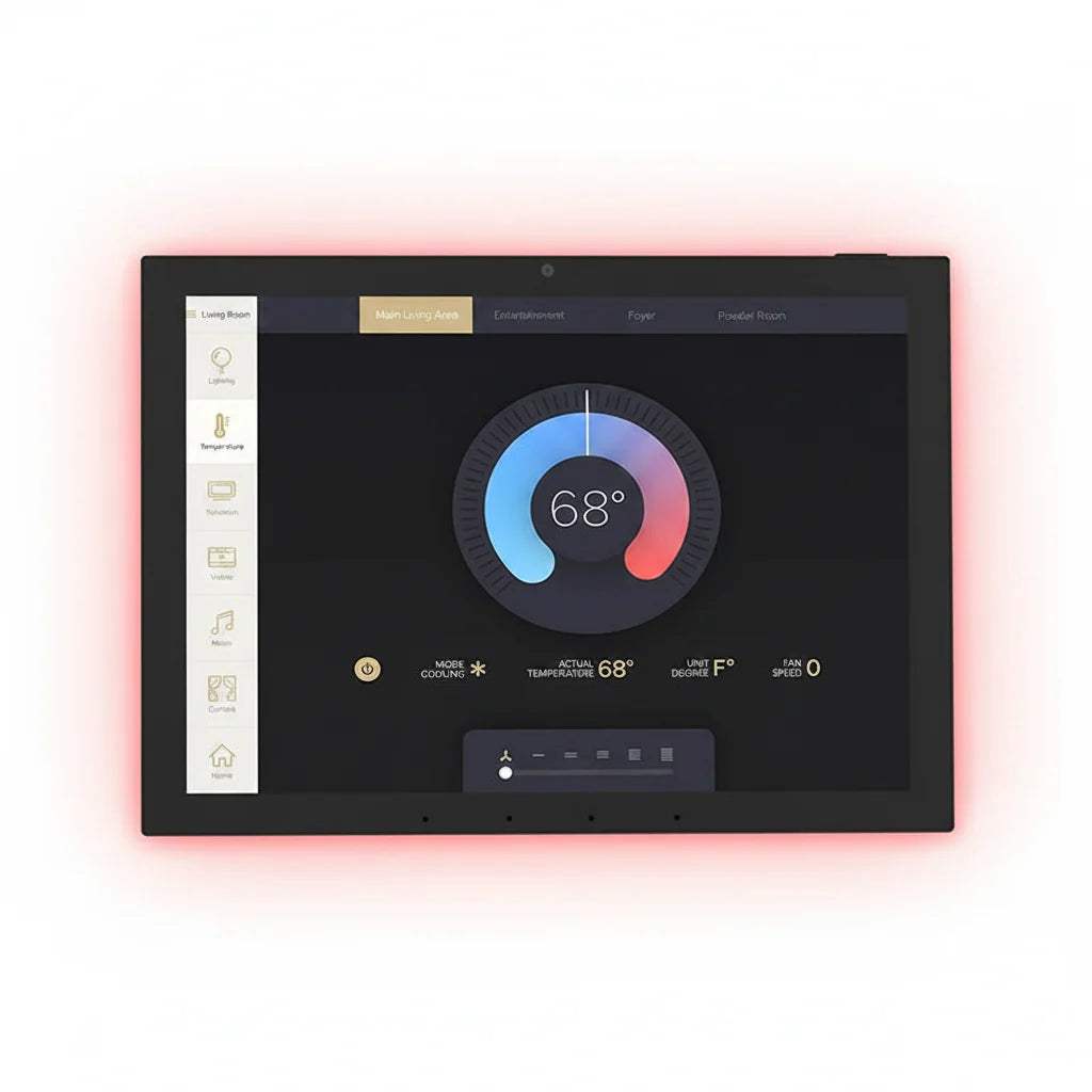 Proximity Sensing Android POE Tablet with black rectangular touchscreen, slim bezel and smart home control dashboard display.