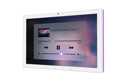 Wall-mounted Proximity Sensing Android POE Tablet with a white bezel, touchscreen, front camera, and slim rectangular design.