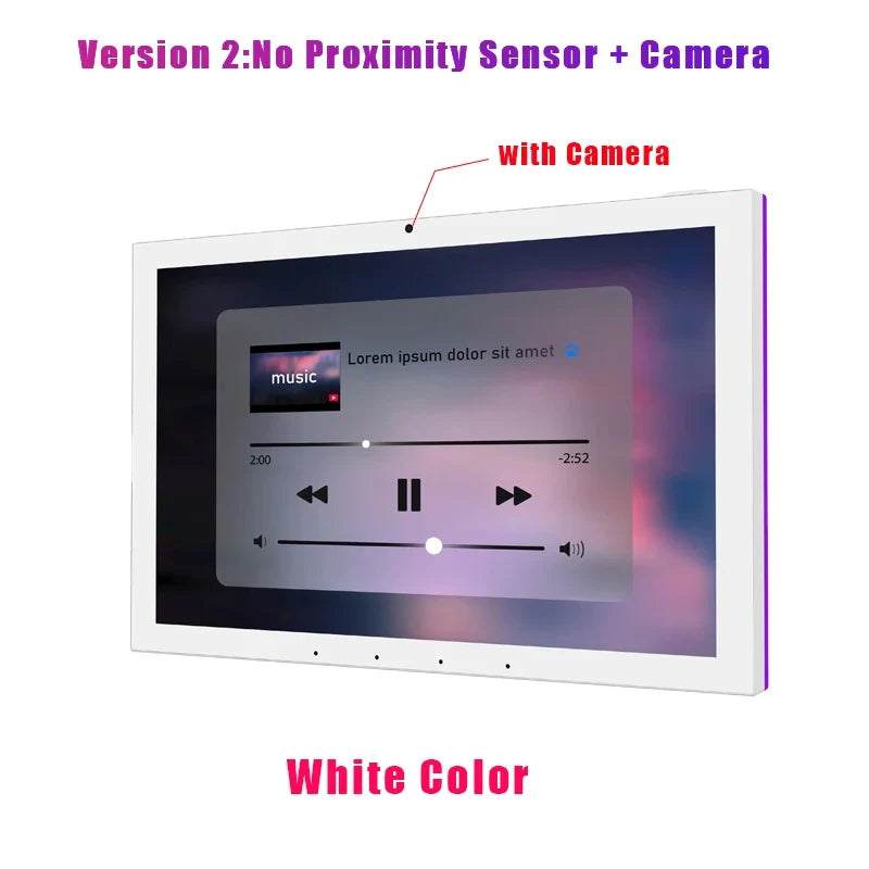 White Proximity Sensing Android POE Tablet with a slim wall-mounted frame, touchscreen display and front camera
