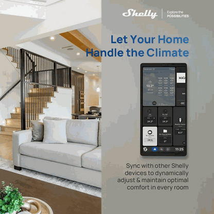 Smart home climate control touchscreen panel, Shelly Wall Display X2I, with a black rectangular frame and tiled interface.