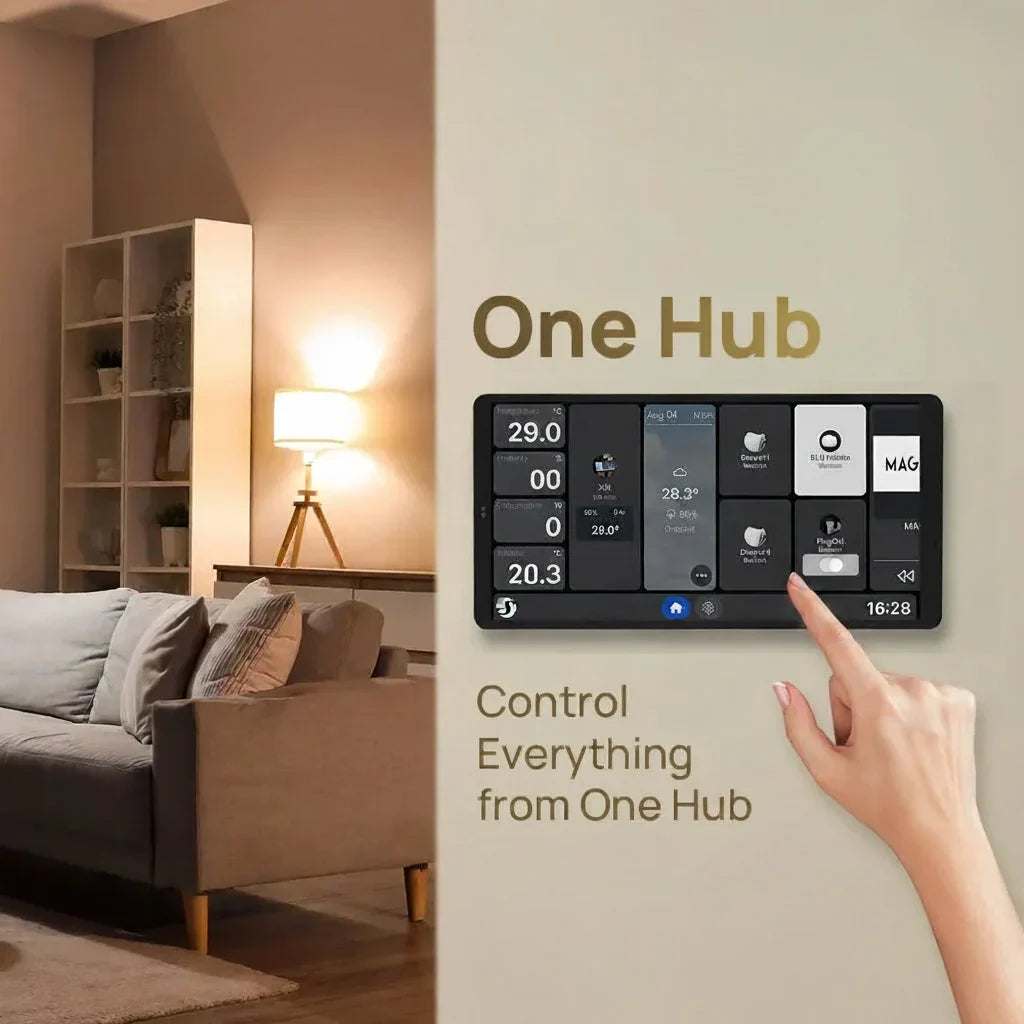 Shelly Wall Display X2I black smart touch screen control panel, mounted with a wide display of device controls and settings.
