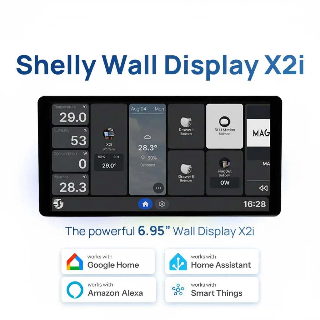 Smart home touchscreen control panel, Shelly Wall Display X2I, with a black rectangular screen showing tiled controls.