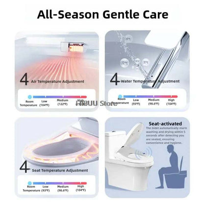 SmartBidet Toilet Seat in white glossy plastic with an elongated shape, heated seat, adjustable temperature controls, and remote operation.