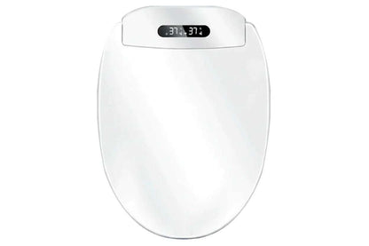 SmartBidet Toilet Seat in glossy white plastic, with an elongated shape and a black digital temperature display at the rear.