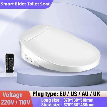 SmartBidet Toilet Seat, white elongated plastic bidet seat with smooth rounded lid, side controls, and included remote control.