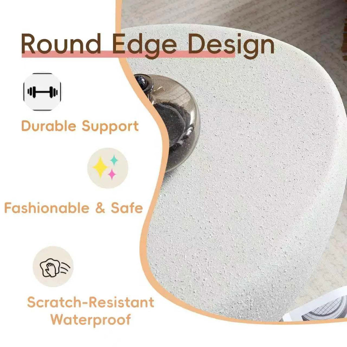 Stone Coffee Table Fiberglass Frame with a white speckled faux-stone top and rounded edge design.